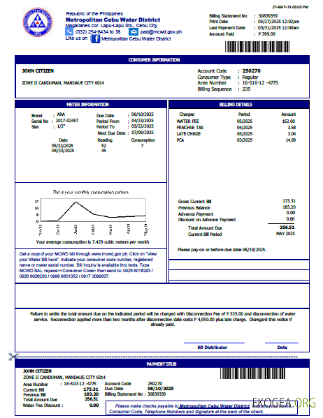 Philippines Metropolitan Cebu Water District utility bill template in Word and PDF formats, version 2